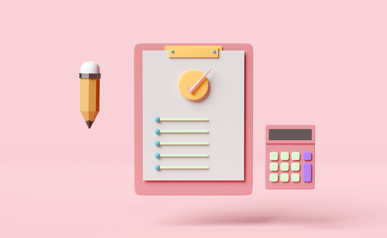 check list with clipboard,pencil,calculator,check mark isolated